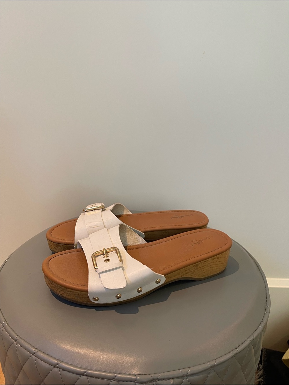 Universal Thread White Slide Mules with Gold Buckle